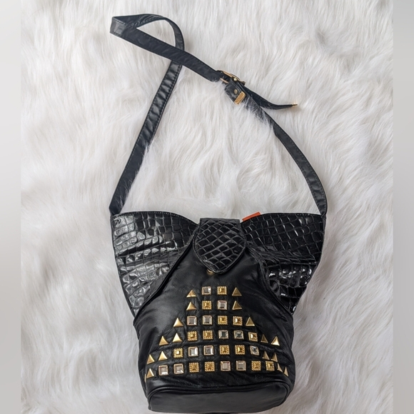 Vintage Handmade In NYC Black Genuine Leather Studded Shoulder Bag Purse - Picture 1 of 14